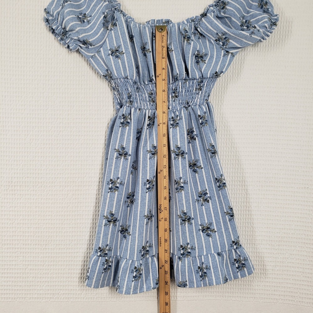 No Comment Floral Striped Dress Girls 14 Blue Smocked Puff Sleeve Cottagecore - Picture 6 of 13